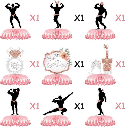 Vista 3 de Paquete de 9 centros de mesa de nido de abeja de oro rosa, suministros de decoración de despedida de soltera para mujer