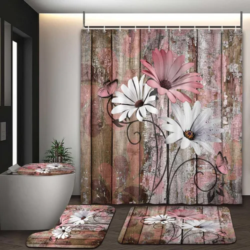 Vista 55 de JAWO Alfombra de baño con flores de granja, dalia en tablones de madera rústica, juego de tapetes de baño con flores azules, en forma de U