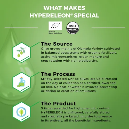 Vista 5 de HYPERELEON ULTRA GOLD Premium, orgánico, sumamente rico en polifenoles, aceite de oliva virgen extra griego 100% puro y natural Bio y sin