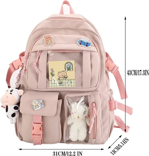 Vista 5 de Linda mochila con bonito oso de peluche y bonitos accesorios de alfiler estético de gran capacidad bonita bolsa de libros para niñas y adolescentes