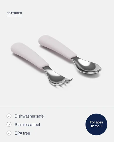 Vista 3 de Lalo Utensilios - Juego de tenedor y cuchara para niños pequeños - Utensilios ergonómicos de acero inoxidable y silicona para niños - Juego