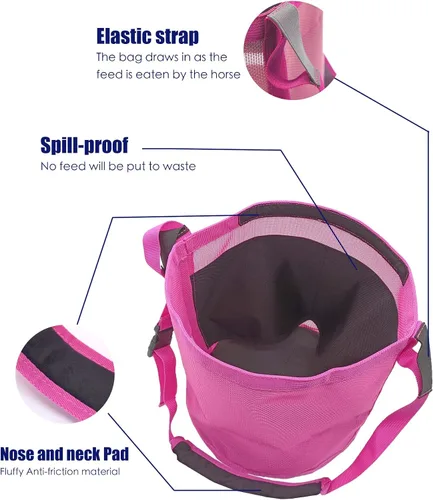 Vista 5 de Bolsa de alimentación para caballos para grano, alimentador de caballos de malla resistente con correa ajustable, almohadilla cómoda para el cuello
