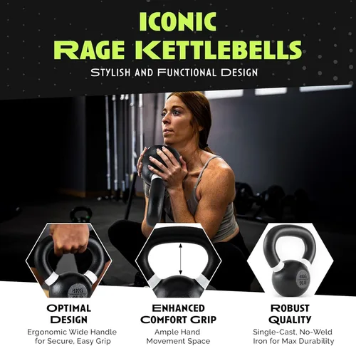 Vista 6 de Rage Fitness Single Cast Iron Kettlebell Powder Coated - Wide Handle Weights for Core & Glute Workouts; Swings, Squats, Deadlifts; Strength