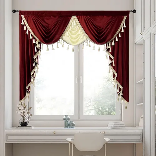 Vista 5 de Gxi Cenefa de cortina de terciopelo beige burdeos para ventanas de cocina, cenefas de cascada de terciopelo, cortinas de ventana para sala de estar
