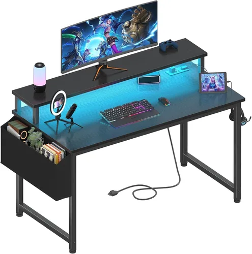 Vista 12 de Lufeiya Escritorio pequeño con tomas de corriente y luces LED, mesa de estudio de escritura para adolescentes de 32 pulgadas, escritorio para Negro