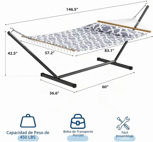Vista 6 de GarveeLife Hamaca para 2 personas de 57 pulgadas para exteriores, hamaca de algodón con diseño ensanchado con bolsa de transporte y soporte