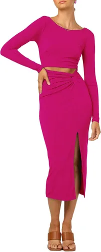 Vista 4 de LYANER Vestido midi ajustado de manga larga con cuello redondo y dobladillo dividido para mujer