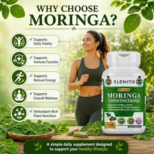 Vista 5 de Moringa Oleifera Cápsulas de 1000 mg Polvo de hoja de moringa pura Superalimento verde para el metabolismo y el apoyo inmunológico Sin OMG