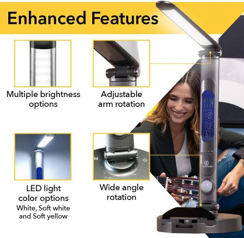 Vista 2 de Lámpara LED, inteligente y ajustable de escritorio con base de carga universal para teléfono de LumiCharge. Control táctil de 3 tonos