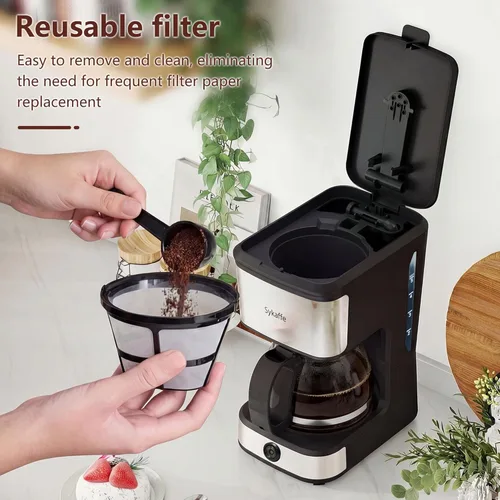 Vista 4 de Cafetera de goteo de 5 tazas, cafetera compacta, pausa y preparación, mantiene el calor, apagado automático, cafetera de 25 onzas, filtro