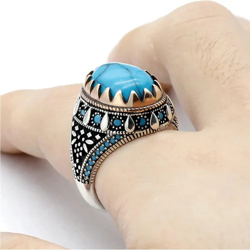 Vista 3 de AROTOROM Retro Turquoise Ring for Men in 925 Sterling Silver Oval Sky Blue Stone Ring Life Track Significance Turkish Handmade Engraved Silver Ring