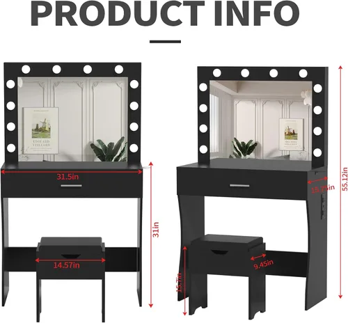 Vista 3 de Juego de mesa de tocador con espejo iluminado, tocador de maquillaje con estación de carga, cajón grande de madera resistente con luces, 3 modos