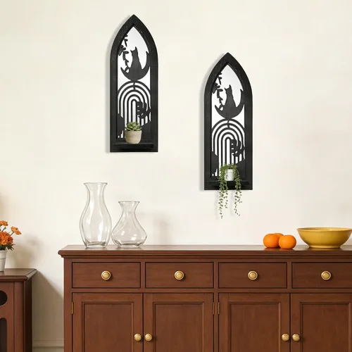 Vista 3 de Juego de 2 candelabros de pared de madera, portavelas rústico con espejo, marco de madera tallada, decoración de pared colgante para sala de estar