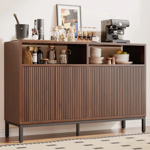Vista 21 de Mericonia Aparador Buffet Gabinete Almacenamiento, Consola de madera moderna acanalada Credenza