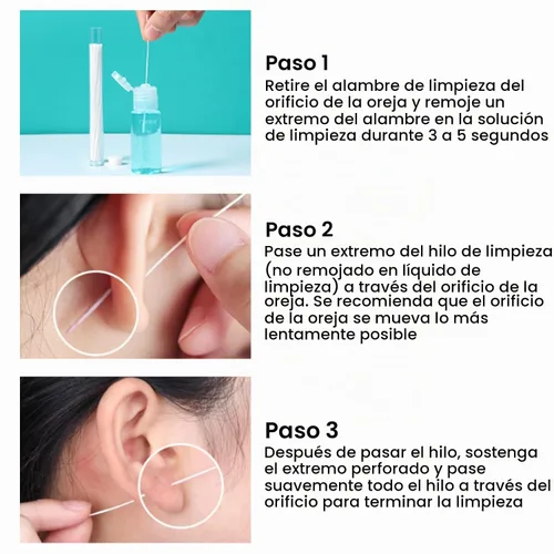 Vista 4 de Hilo limpiador de agujeros para aretes, juego de cuidado de oídos, 70 piezas desechables para piercings de cuidado posterior, línea de limpieza
