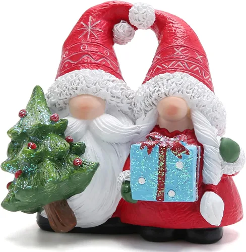 Vista 7 de Hodao Figuras de resina de gnomos de Navidad con sombreros rojos y diseño de copo de nieve, bonita estatua coleccionable para decoración de mesa