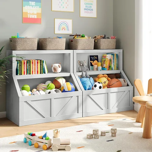 Vista 6 de IDEALHOUSE Estantería para niños, almacenamiento de juguetes, armario de madera para niños pequeños con organizador de almacenamiento, cubos grandes