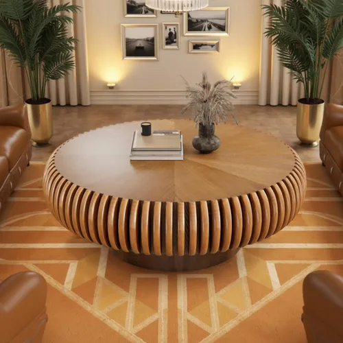 Vista 9 de Mesa de centro redonda de tambor estriado para sala de estar, mesas de centro modernas de mediados de siglo con pedestal resistente, mesa de té negro