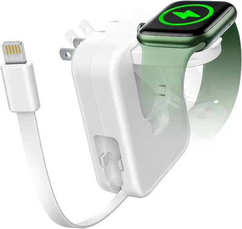 Vista 8 de Bloque de cargador para Apple Watch, cargador de pared 2 en 1 con cable de carga retráctil integrado, adaptador de corriente de enchufe plegable