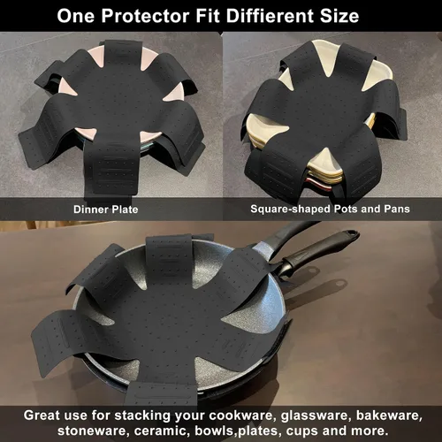 Vista 2 de Protectores de ollas y sartenes, almohadilla protectora de silicona de 3 piezas, protector de sartén apilable. Tiene un diseño único de apertura