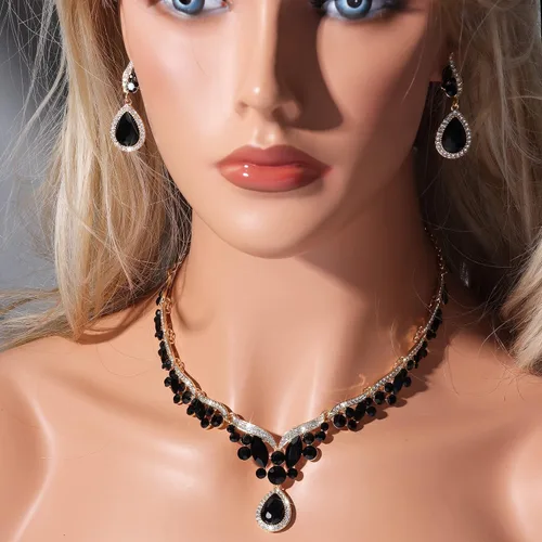 Vista 3 de Juego de aretes de collar de plata dorada roja esmeralda rosa negro azul joyería regalo para novia, mamá, esposa, abuela mujer en boda, fiesta
