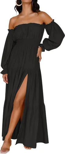 Vista 96 de ZESICA - Vestido largo, bohemio y sexy, con hombros descubiertos y manga larga fruncida, con elástico fruncido, cintura alta y abertura lateral