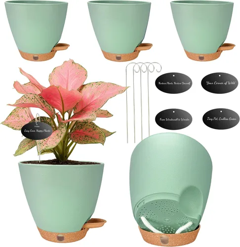 Vista 13 de Paquete de 5 macetas de riego automático de 6 pulgadas para plantas de interior, macetas pequeñas de plástico con indicador de nivel de agua