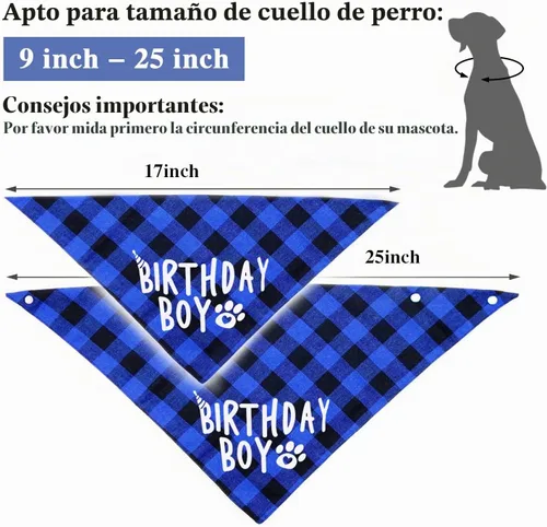 Vista 3 de AnF Bandana de Cumpleaños a Cuadros para Perro y Pañuelo Triangular para Perro - Algodón Suave, Doble Capa, Bandanas Lavables con Botón Ajustable