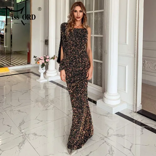 Vista 2 de Miss ord Vestido de sirena de noche con un hombro descubierto y manga dividida con lentejuelas y brillantina vestido de graduación sexy formal