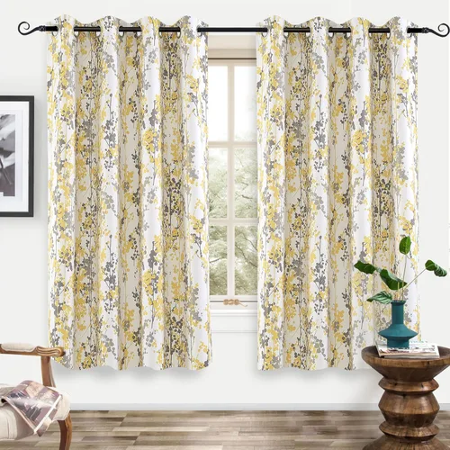 Vista 11 de Cortinas DriftAway 100% Blackout Amarillas y Blancas para Sala de Estar, Dormitorio, Cocina, 84 Pulgadas de Largo, Paneles Botánicos con Flores