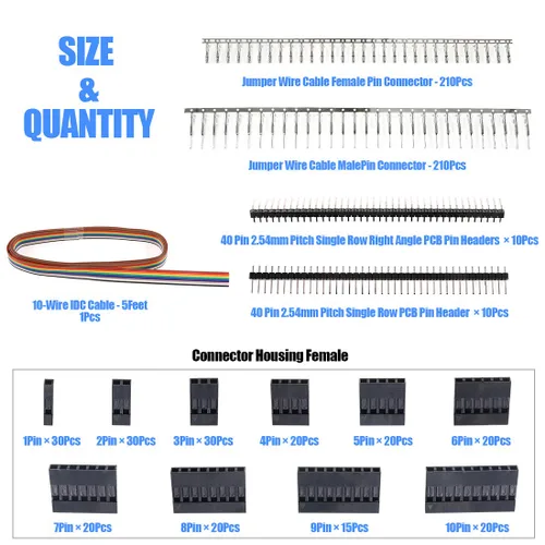 Vista 2 de Carcasa de enchufe Dupont enchufe macho/hembra 40 clavijas cabezas de pasador de 2,54 mm y juego de variedad de 10 cables y alambres IDC, cable