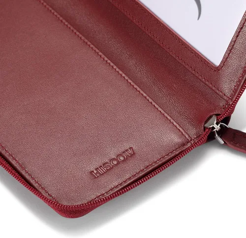 Vista 8 de HISCOW Funda para chequera con cremallera y tarjetero con divisor - Piel de becerro italiana, Rojo vino, Classic