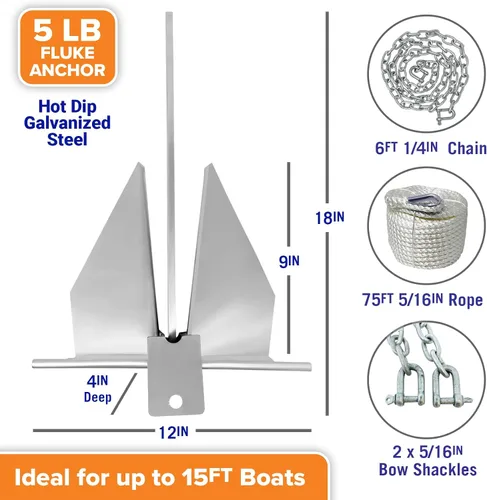 Vista 6 de Kit de anclaje para lancha pesada Fluke Anchor con cadena de anclaje y cuerda de anclaje para lancha para incluir anclajes de barco para barcos