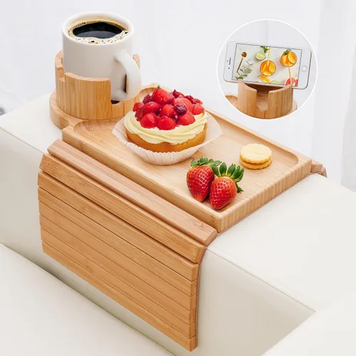 Vista 12 de Bandeja para portavasos de sofá, mesa de madera de acacia con soporte para teléfono, bandeja plegable grande para sofá para mesa de aperitivos