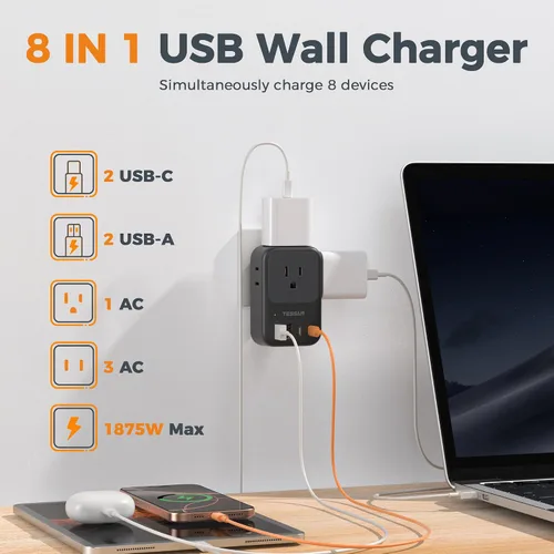 Vista 4 de TESSAN Bloque de cargador USB C de 20 W PD, adaptador de carga rápida con enchufe plegable, extensor de toma de corriente de 1875 W (4 CA y 4 USB)