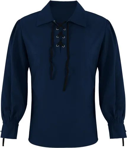 Vista 6 de Camisa de pirata medieval para hombre, vikingo, renacentista, con cordones, mercenario, Halloween, jacobita escocés, ghillie