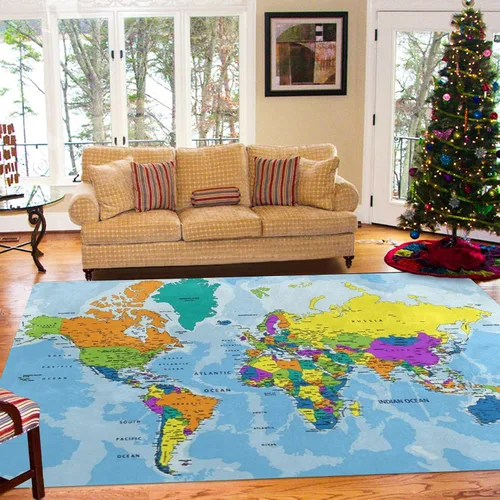 Vista 5 de Alfombra colorida con mapa del mundo para sala de estar o dormitorio, 4 x 5 pies