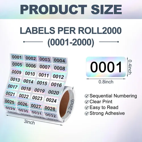 Vista 2 de Zonon Etiquetas de inventario Pegatinas de números consecutivos 001-2000 Brillante