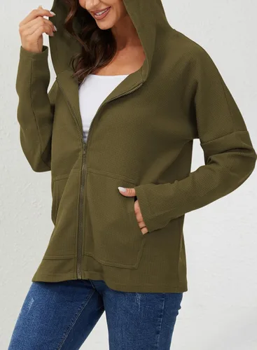 Vista 3 de Y YOLITEE Sudadera con capucha y cremallera de punto acanalado de manga larga para mujer