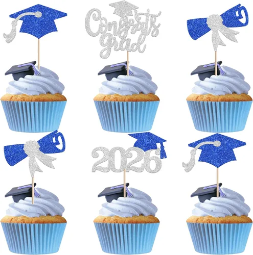 Vista 23 de 24 piezas 2026 temáticas de graduación 2026 decoraciones para cupcakes con purpurina clase de 2026 Diploma Congrats 2026 Tapa de graduación