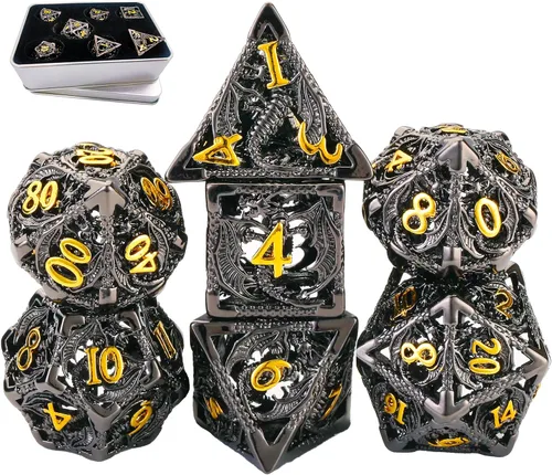 Vista 10 de Juego de dados de metal DND Dungeons and Dragon, juego de dados huecos poliédricos de dragón mágico de 7 piezas con caja de metal de regalo
