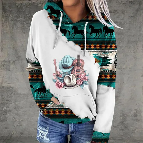 Vista 2 de Ceboyel Women Western Aztec Hoodies Drawstring Sweatshirt Pullover Ethnic Vintage Graphic Shirts Tops Causal Fall Clothes