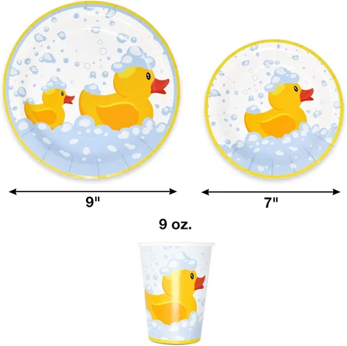 Vista 4 de Gift Boutique 96 piezas de suministros de fiesta de patos de goma, platos de papel, servilleta para patos amarillos, pato, baño de burbujas, pijama
