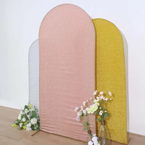 Vista 22 de Efavormart - Marco de fondo redondo de elastano dorado antiguo brillante de 5 pies, cubierta metálica brillante para arco de boda de 2 lados