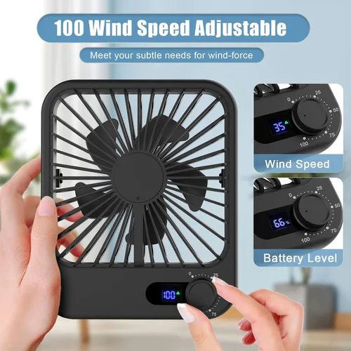Vista 2 de Ventilador pequeño de escritorio, ventilador personal recargable portátil con alimentación por batería, 100 velocidades, inclinación ajustable