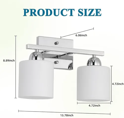Vista 5 de Mecgirn Luces de tocador de vidrio de leche de acero inoxidable para baño, 2 lámparas cromadas de baño sobre espejo, enchufes E26 de cerámica