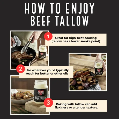 Vista 5 de Kettle & Fire Tallow de carne para cocinar Tarro de vidrio de 14 onzas Grasa de cocción premium 100% alimentado con pasto y acabado Apto