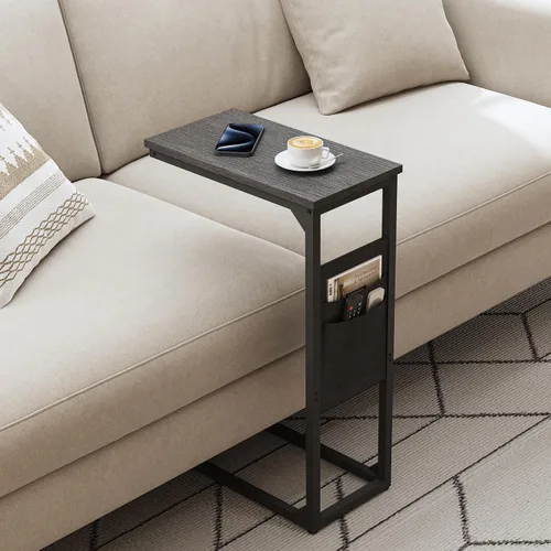 Vista 5 de TUTOTAK - Mesa auxiliar en forma de C, mesa lateral para sofá, mesa de sofá con bolsa de almacenamiento, bandeja para TV para sala de estar, Negro