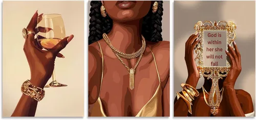 Vista 20 de RVETNGVM 3 piezas de arte de pared de niña negra, mujeres afroamericanas, cuadros abstractos de moda para niña, pinturas bohemias para sala