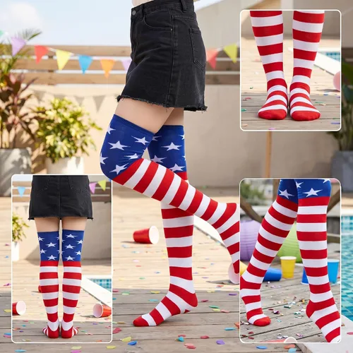 Vista 2 de Calcetines altos para mujer, calcetines altos a rayas hasta el muslo Bandera estadounidense